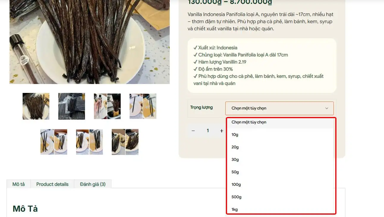 Chọn trong lượng quả vanni khi mua hàng online