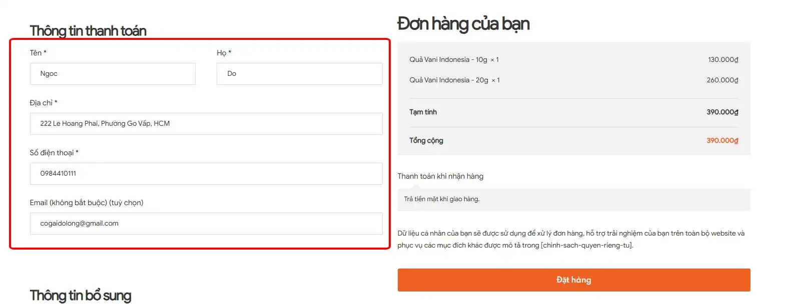 Điền thông tin mua hàng trên Vanni Farm