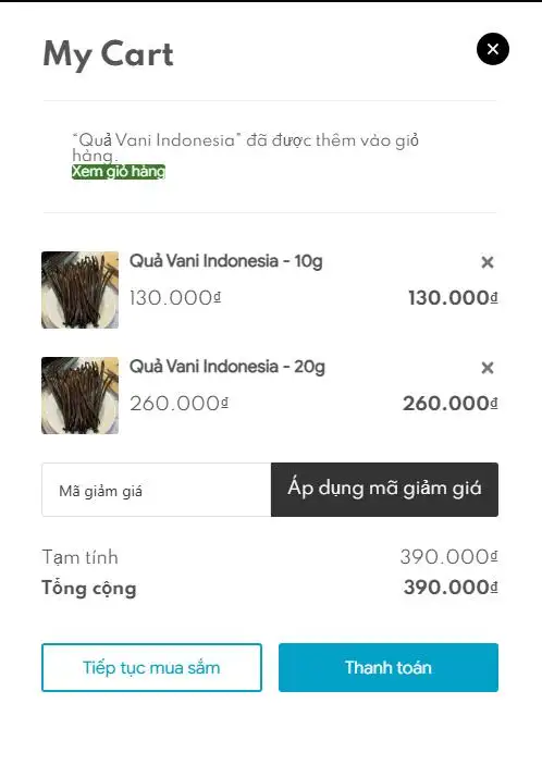 Thanh toán khi mua quả vani